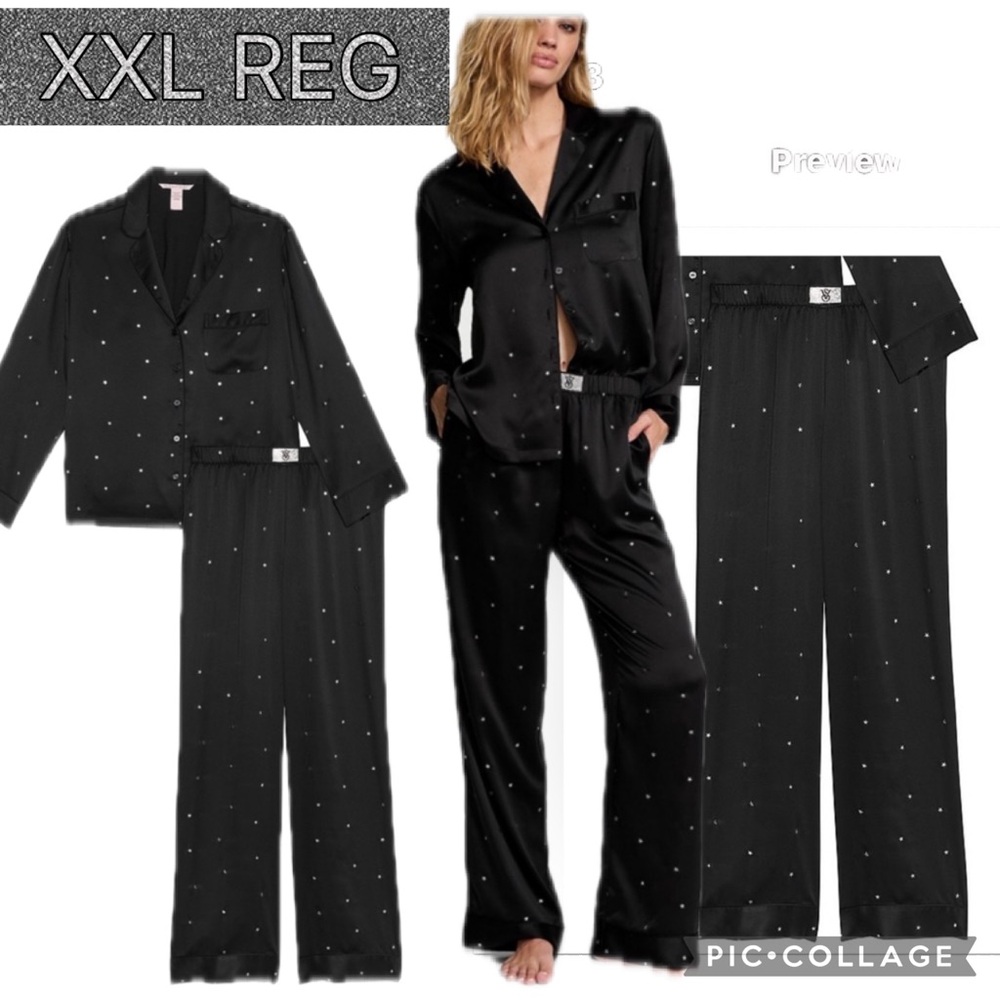 VS Glazed Satin Dew Drop Long PJ’’s BLACK SILVER STAR CRYSTAL EMBELLISHMENT